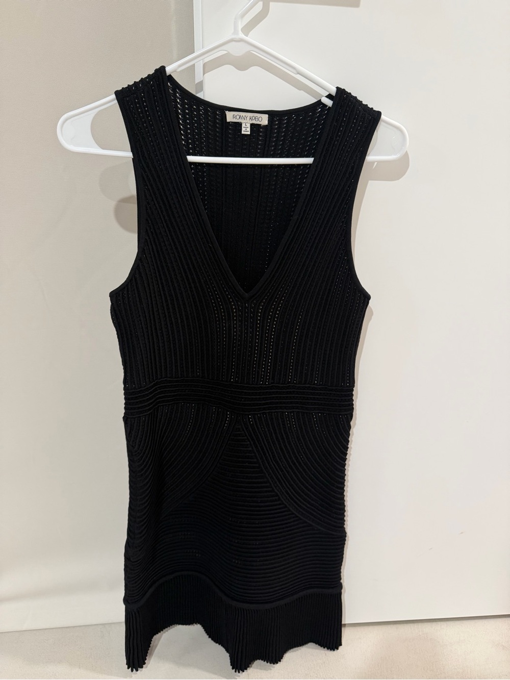 Ronny Kobo Black Ribbed V-Neck Knit Dress